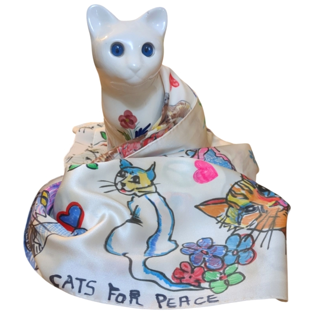 Handpainted Signed Satin/Silk Scarf: CATS FOR PEACE Spring, Resort Wear
